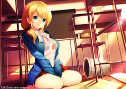  blonde_hair braid breasts bucket chair classroom commentary_request desk ellen_baker female green_eyes hair_over_shoulder jacket kaho_okashii large_breasts long_hair low_ponytail miniskirt new_horizon on_floor open_clothes open_jacket school_desk scrunchie see-through shirt sitting skirt solo spilling teacher wariza wet wet_clothes wet_hair wet_shirt 