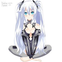  10s absurdres barefoot black_heart blue_eyes breasts choujigen_game_neptune cleavage cleavage_cutout female female helvetica_5tandard leotard long_hair neptune_(series) noire solo symbol-shaped_pupils twintails very_long_hair white_hair 