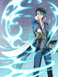  1boy black-framed_eyewear black_hair blue_pants collarbone commentary_request floating_hair fushimi_saruhiko glasses highres holding holding_sheath holding_sword holding_weapon k-project male_focus pants saber_(weapon) sheath smile solo standing suzaku_(zaku6584) sword uniform weapon 