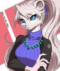  2015 abstract_background anthro bangs blue_eyes breasts cheek_tuft claws clothed clothing collarbone digital_media_(artwork) eyebrow_through_hair eyebrows eyelashes facial_tuft female front_view fully_clothed fur gem grey_body grey_fur hair hair_between_eyes hand_on_arm jewelry kemono long_hair looking_away mammal medium_breasts mouse murid murine neck_tuft necklace nogi open_mouth ponytail purple_clothing ribbed_clothing ribbed_sweater rodent signature silver_claws silver_hair solo sweater topwear translucent translucent_hair tuft turtleneck 