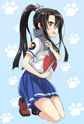  :d abe_kanari aiguillette animal animal_on_shoulder black_cat black_fur black_hair black_socks blue_background blue_skirt blush brown_footwear cat_on_shoulder collar commentary_request feline female high_school_fleet kneehighs kneeling loafers looking_at_viewer munetani_mashiro neckerchief open_mouth photoshop_(medium) pleated_skirt red_eyes school_uniform serafuku shirt shoes short_sleeves sidelocks skirt smile socks solo sweatdrop tamonmaru_(haifuri) white_shirt yokosuka_girls_marine_high_school_uniform 