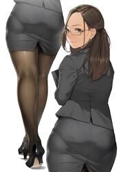  absurdres ass brown_eyes brown_hair business_suit commentary earrings female forehead formal from_behind glasses high_heels highres hip_focus jewelry legs long_hair looking_at_viewer looking_back miru_tights multiple_views office_lady okuzumi_yuiko pantyhose pantylines pencil_skirt semi-rimless_eyewear simple_background skirt skirt_suit smile standing suit thighs tied_hair white_background yomu_(sgt_epper) 