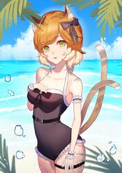  animal_ear_fluff animal_ears aoi_tooru arknights bare_shoulders black_bow black_one-piece_swimsuit blue_sky bow breasts cat_ears cat_girl cat_tail cloud commentary_request day female frilled_one-piece_swimsuit frills green_eyes hairbow hand_up highres horizon looking_at_viewer medium_breasts mousse_(arknights) multicolored_hair multiple_tails ocean oerba_yun_fang one-piece_swimsuit orange_hair outdoors palm_tree parted_bangs parted_lips sky solo standing swimsuit tail tree two-tone_hair two_tails water water_drop white_hair wrist_cuffs 