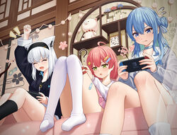  35p_(sakura_miko) 3girls ? absurdres ahoge animal_ear_fluff animal_ears aqua_hair arm_up asakura_(asa_t77) bandaid_on_thigh black_hairband black_jacket black_socks blue_choker blue_hair choker closed_eyes colored_inner_hair couch crossed_bangs eyelashes feet_out_of_frame fox_ears fox_girl green_eyes grey_hair hair_between_eyes hair_ornament hairband handheld_game_console highres holding holding_handheld_game_console hololive hoshimachi_suisei hoshimachi_suisei_(school_uniform) indoors jacket knees_together_feet_apart knees_up legs long_hair long_sleeves looking_down medium_hair multicolored_hair multiple_girls nintendo_switch no_shoes official_alternate_costume on_couch one_side_up open_mouth over-kneehighs partially_unzipped pink_skirt plaid plaid_skirt playing_games pleated_skirt ribbed_socks sailor_collar sakura_miko sakura_miko_(school_uniform) shirakami_fubuki shirakami_fubuki_(loungewear) shouji sidelocks sitting skirt sliding_doors socks star_(symbol) star_in_eye symbol_in_eye thighhighs thighs virtual_youtuber white_skirt white_socks 