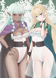  2girls aqua_hair blonde_hair braid breasts cleavage cloak dark-skinned_female dark_elf dark_skin elf eltolinde_(unicorn_overlord) green_cloak hand_on_own_hip highleg highres leotard long_hair looking_at_viewer multiple_girls pointy_ears purple_cloak rosalinde_(unicorn_overlord) scopedog_12 siblings sisters smile strapless strapless_leotard thigh_gap twin_braids unicorn_overlord very_long_hair 