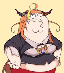  ahoge bow cleavage_cutout cleft_chin clothing_cutout cosplay diagonal-striped_bow double_chin dragon_horns family_guy fat fat_man hololive horn_bow horn_ornament horns kiryu_coco kiryu_coco_(1st_costume) lewdishsnail long_hair looking_at_viewer meme midriff navel orange_hair peter_griffin simple_background standing toon_(style) virtual_youtuber 