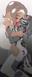  2girls agent_8_(splatoon) arm_grab bare_shoulders blush bodysuit boots broken_mask brown_hair choker closed_eyes closed_mouth colored_skin crack dark-skinned_female dark_skin disembodied_hand expressionless feet_out_of_frame film_grain full_body grey_hair grey_skin highres hug jelleton kneeling leg_grab long_hair looking_to_the_side mask medium_hair multicolored_hair multiple_girls no_nose octoling octoling_girl octoling_player_character one_eye_covered paint_on_body paint_on_fingers paint_splatter paint_splatter_on_face parallel_canon pink_hair red_eyes salted_whale sitting sleeveless sleeveless_bodysuit splatoon_(series) splatoon_3 splatoon_3:_side_order suction_cups tentacle_hair two-tone_hair white_bodysuit white_choker white_footwear 