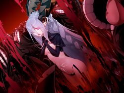  aqua_hair black_gloves braid breasts chains curled_horns elbow_gloves fate/grand_order fate_(series) female gloves glowing glowing_eyes hair_between_eyes highres horns lahmu_(fate) large_breasts long_hair long_horns looking_at_viewer navel open_mouth pink_eyes pointy_ears shrug_(clothing) stomach_tattoo striped_clothes striped_gloves symbol-shaped_pupils tattoo teeth tiamat_(fate) tongue twin_braids vertical-striped_clothes vertical-striped_gloves very_long_hair yubeshi_(zecxl) 