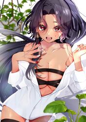  6_may_6 ass_visible_through_thighs black_hair black_thighhighs blurry blurry_background breasts chest_strap cleavage cowboy_shot dark-skinned_female dark_skin earrings female hair_between_eyes highres jewelry leaf long_hair mole mole_on_breast mole_under_eye nijisanji nijisanji_en no_pants off_shoulder open_mouth plant red_eyes red_nails scarle_yonaguni shadow shirt solo sweat thighhighs twitter_username virtual_youtuber white_shirt 