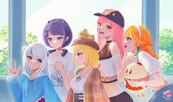  5girls animal_on_head aqua_bikini aqua_choker baseball_cap bikini bikini_under_clothes blonde_hair blue_eyes blush bob_cut braid breasts canine choker coat crop_top denim denim_shorts dog_on_head dreamoon-q earrings feather_earrings feathers fishnet_top fishnets frilled_shirt frills gawr_gura green_bikini green_choker hair_ornament halter_shirt halterneck hat heart highres hololive hololive_english holomyth jacket jewelry key key_necklace long_hair midriff mori_calliope mori_calliope_(streetwear) multicolored_hair multiple_girls navel necklace ninomae_ina&#039;nis ninomae_ina&#039;nis_(casual) off-shoulder_shirt off_shoulder official_alternate_costume official_alternate_hairstyle on_head open_clothes open_fly open_mouth open_shorts orange_hair pants pink_hair plaid plaid_coat plaid_jacket purple_eyes red_eyes shirt short_hair shorts skull_and_crossbones skull_print smile sweatpants swimsuit takanashi_kiara takanashi_kiara_(casual) track_suit twin_braids virtual_youtuber watson_amelia watson_amelia_(street_casual) white_shirt zipper_skirt 