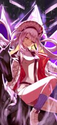  belt breasts crystal dress fate/grand_order fate_(series) female grin hat horse inugami86 jacket long_hair long_sleeves looking_at_viewer marie_antoinette_(alter)_(fate) marie_antoinette_(alter)_(first_ascension)_(fate) marie_antoinette_(fate) medium_breasts purple_lips shoes sidelocks smile sneakers solo two_side_up white_dress white_hair white_hat white_jacket yellow_eyes 