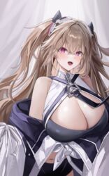  absurdres anchorage_(azur_lane) azur_lane bare_shoulders black_shorts blush breasts brown_hair cleavage cleavage_cutout clothing_cutout commentary_request female headgear highres huge_breasts long_hair looking_at_viewer manus_(manuspupa) navel off_shoulder open_mouth pink_eyes shorts smile solo stomach twintails very_long_hair 