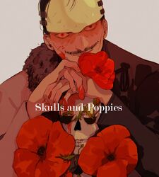  1boy black_hair blood blood_on_face blood_on_hands cheekbones coat facial_hair fingernails flower golden_kamuy grey_background looking_at_viewer male_focus mask moustache multicolored_coat naruysae poppy_(flower) scar scar_on_face short_hair skeleton solo split-color_clothes tsurumi_tokushirou two-tone_coat 