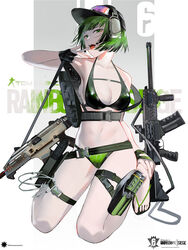  :p absurdres alternate_costume arknights baseball_cap bikini black_gloves breasts buckle cleavage cz_scorpion_evo_3 ear_protection ela_(rainbow_six_siege) explosive female fingerless_gloves flip-flops fostech_origin_12 full_body gloves goggles goggles_on_headwear green_hair grenade gun halterneck hand_on_own_foot handgun hat headphones headphones_over_headwear headset highres holster holstered kneeling mackia mole mole_under_eye open_mouth pr-15_ragun rainbow_six_siege sandals short_hair shotgun snap-fit_buckle swimsuit teeth thigh_holster thigh_strap tongue tongue_out upper_teeth_only weapon 