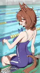  :d agnes_tachyon_(umamusume) ahiru3desuyo ahoge animal_ears arm_support ass back blue_one-piece_swimsuit blurry blurry_background breasts brown_hair caustics chain-link_fence commentary competition_school_swimsuit day depth_of_field drain_(object) earrings female fence flipped_hair from_side goggles hair_between_eyes hair_intakes half-closed_eye hand_up highres horse_ears horse_girl horse_tail indoors jewelry lane_line light_blush medium_breasts medium_hair mixed-language_commentary naughty_face official_alternate_costume one-piece_swimsuit open_mouth outdoors pool poolside profile red_eyes reflection school_swimsuit single_earring single_vertical_stripe smile soaking_feet solo swimsuit tail tail_through_clothes teeth thighs tracen_swimsuit twitter_username umamusume unworn_goggles upper_teeth_only water water_drop wet wet_clothes wet_hair wet_swimsuit 