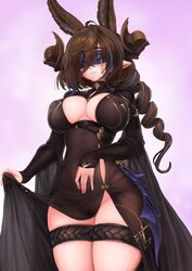  animal_ears barbariank black_dress blindfold blue_hair breasts brown_hair brown_horns cleavage cleavage_cutout clothing_cutout commentary dress drill_hair drill_ponytail english_commentary extra_ears female galleon_(granblue_fantasy) galleon_(life&#039;s_compassionate_observer)_(granblue_fantasy) granblue_fantasy highres horns large_breasts long_hair long_sleeves multicolored_hair official_alternate_costume pointy_ears purple_blindfold smile solo streaked_hair thigh_strap 