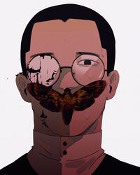  1boy bags_under_eyes black_eyes black_hair blood blood_on_face broken_eyewear bug covered_mouth crack cracked_glass crew_cut death&#039;s_head_hawkmoth glasses golden_kamuy hasegawa_kouichi highres insect_on_face looking_at_viewer male_focus moth naruysae portrait round_eyewear short_hair solo sweatdrop the_silence_of_the_lambs 