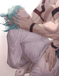  2boys aqua_eyes aqua_hair arm_tattoo bandaged_arm bandages blue_hair chest_tattoo extra_arms facial_mark feet_out_of_frame gradient_background hand_on_another&#039;s_face hand_on_another&#039;s_head hand_on_another&#039;s_stomach hands_on_another&#039;s_head head_out_of_frame highres jujutsu_kaisen kashimo_hajime light_particles long_sleeves looking_at_another male_focus medium_hair multiple_boys muscular muscular_male pants papagro12 ryoumen_sukuna_(jujutsu_kaisen) ryoumen_sukuna_(true_form)_(jujutsu_kaisen) shirt signature tattoo veins white_background white_pants white_shirt yaoi 