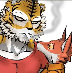  anthro back_to_the_dawn blush canid canine changan cigarette clothing duo felid fox john_(bttd) male male/male mammal metal_head_games muscular pantherine prison_uniform simple_background smoke thomas_(bttd) tiger white_background 