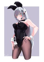  absurdres alternate_costume animal_ears artist_name barcode barcode_tattoo black_bow black_bowtie black_leotard black_pantyhose bow bowtie breasts collar commentary commentary_request cowboy_shot cropped_legs detached_collar earpiece fake_animal_ears female gager_(girls&#039;_frontline) girls&#039;_frontline green_eyes grey_background hand_on_own_hip highres inset_border leotard looking_at_viewer pantyhose playboy_bunny rabbit_ears solo sugac tattoo two-tone_background white_background white_collar wrist_cuffs 