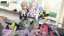  6+girls ade_(nikke) ahoge black_dress black_ribbon blue_eyes blue_hair blunt_bangs blush bow breasts brown_eyes clumsy cocoa_(nikke) commentary cooking copyright_name crossover crying cutting_board day detached_sleeves dress emilia_(re:zero) english_commentary english_text fire floating_hair food fried_rice fried_rice_prank_(meme) frilled_sleeves frills from_side gem glasses gloves goddess_of_victory:_nikke green_eyes green_gemstone green_hair grey_hair hair_ornament hair_over_one_eye hairbow hairclip hands_up highres holding holding_ladle indoors juliet_sleeves ladle large_breasts long_hair long_sleeves looking_at_another looking_back maid_headdress meat medium_breasts meme multiple_girls neck_ribbon official_art open_mouth pink_hair plate profile puffy_sleeves purple_eyes ram_(re:zero) re:zero_kara_hajimeru_isekai_seikatsu red_eyes rem_(re:zero) ribbon roswaal_mansion_maid_uniform salad short_hair soda_(nikke) spice steepled_fingers symbol-shaped_pupils tears thighhighs thighs tripping v-shaped_eyebrows white_dress white_gloves white_thighhighs wide_sleeves window wok x_hair_ornament 