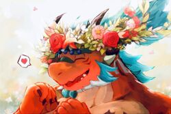  anothereidos_of_dragon_vein_r anthro atmos_(anothereidos_r) blue_hair clawed_hands closed_eyes dragon eyebrows facial_hair flower flower_crown goatee hair heart_symbol long_hair male mythological_creature mythological_scalie mythology open_mouth plant ponytail red_body red_scales riotaro15 scales scalie sideburns smile solo unsigned 