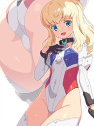  alice_gear_aegis ass black_gloves blonde_hair detached_sleeves female gloves green_eyes groin hand_on_own_chest highleg highleg_leotard highres leotard long_hair mtu_virus multiple_views noelle_francesca om_(nk2007) open_mouth paid_reward_available ponytail smile thighhighs thighs white_leotard white_sleeves white_thighhighs 