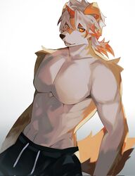  1boy abs arknights axianorange black_shorts colored_tips commentary english_commentary furry furry_male highres horns hung_(arknights) komainu_boy komainu_ears komainu_tail looking_at_viewer male_focus multicolored_hair no_nipples pectorals shorts single_horn smile toned toned_male topless_male yellow_eyes 