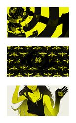  1boy araragi_karen bee breasts bug cleavage collarbone female grimace highres kaiki_deishuu long_hair midriff_peek monochrome monogatari_(series) naruysae nisemonogatari sweat sweatdrop tank_top translation_request very_long_hair yellow_theme 