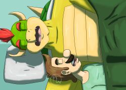  2025 2_horns anthro artist_logo bedding blanket bowser brown_eyebrows brown_facial_hair brown_hair brown_mustache closed_eyes clothed_human clothed_male clothing colored curved_horn digital_drawing_(artwork) digital_media_(artwork) duo english_description eyebrows facial_hair fangs green_background green_blanket green_body green_clothing green_scales green_shell green_shirt green_topwear hair head_on_pillow hi_res horn human king koopa larger_anthro larger_male light lighting logo luigi lying male male/male male_anthro male_human mammal mario_bros moustache muscular muscular_anthro muscular_male nintendo on_back on_side open_mouth pillow pink_tongue red_eyebrows red_hair royalty scales scalie shaded shell shirt short_hair simple_background size_difference skywater sleeping sleeping_together smaller_human smaller_male spiked_shell spikes spikes_(anatomy) tan_body tan_horn tan_scales tan_skin teeth thick_eyebrows tongue topwear under_blanket white_pillow yellow_body yellow_scales 