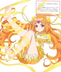  absurdres barefoot bow bubble_skirt capelet choker cure_muse_(yellow) dress female floating foot_up frilled_dress frills full_body hairbow hands_on_own_knees highres long_hair long_sleeves looking_at_viewer magical_girl nemuiyoo00 open_mouth orange_hair pink_eyes precure puffy_long_sleeves puffy_sleeves shirabe_ako simple_background skirt solo suite_precure tiara twitter_username very_long_hair white_background yellow_bow yellow_capelet yellow_choker yellow_dress 