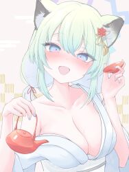  2025 :d absurdres animal_ear_fluff animal_ears bath_yukata blue_archive blue_eyes blue_halo blue_nails blush breasts brown_background cleavage collarbone commentary_request cup dated_commentary eyelashes eyes_visible_through_hair female green_hair hair_between_eyes hair_ornament hair_ribbon halo hands_up happy highres holding holding_cup holding_teapot japanese_clothes kimono large_breasts long_sleeves looking_at_viewer low_twintails medium_hair nail_polish nengajou new_year no_bra official_alternate_costume official_alternate_hairstyle open_mouth red_ribbon ribbon sakazuki shigure_(blue_archive) shigure_(hot_spring)_(blue_archive) shirai_soushichi short_twintails sidelocks signature simple_background single_bare_shoulder smile solo sparkling_eyes tassel tassel_hair_ornament teapot tsurime twintails upper_body weasel_ears weasel_girl white_kimono wide_sleeves yukata 