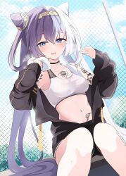  acchii_(akina) azur_lane baltimore_(azur_lane) baltimore_(azur_lane)_(cosplay) baltimore_(black_ace)_(azur_lane) bare_shoulders black_choker black_jacket black_shorts blue_eyes blue_sky blush breasts chain-link_fence chest_tattoo choker cloud collarbone commentary_request commission cone_hair_bun cosplay crossed_bangs day double_bun female fence flower_tattoo gold_hairband hair_between_eyes hair_bun hairband hands_up highres holding holding_towel jacket long_hair looking_at_viewer midriff multicolored_hair navel off_shoulder open_mouth outdoors partially_unzipped purple_hair see-through_clothes see-through_sports_bra short_shorts shorts shoulder_tattoo sidelocks sitting skeb_commission sky small_breasts solo split-color_hair sports_bra sportswear steaming_body stomach_tattoo sweat tattoo towel two-tone_hair very_long_hair wet_bra white_hair white_sports_bra ying_swei_(azur_lane) 