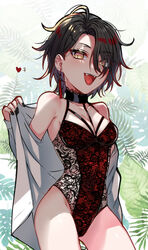  1boy black_hair breasts earrings fangs genderswap_(mtf) highres jewelry kokuchuutei large_breasts male_focus multicolored_hair nijisanji nijisanji_en open_mouth otoko_no_ko red_hair rule_63 smile swimsuit virtual_youtuber vox_akuma yellow_eyes 