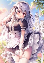  :d apron black_dress blurry blurry_background blush breasts building cleavage cloud commentary_request cowboy_shot depth_of_field dress female frilled_apron frills grey_hair hair_between_eyes hand_up kyuketsuki-chan_(mitsuba_choco) long_hair looking_at_viewer medium_breasts mitsuba_choco open_mouth original outdoors puffy_short_sleeves puffy_sleeves red_eyes short_sleeves smile solo sunset thighhighs tower twitter_username very_long_hair waist_apron white_apron white_thighhighs wrist_cuffs 