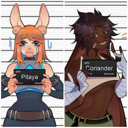  1:1 anthro bandage bandaged_arm barbie_and_ken_mugshot_meme bodily_fluids bottomwear breasts clothing coriander_steppe crying dark_body dark_fur dark_hair devil_horns_(gesture) duo female floppy_ears freakster fur gesture hair hand_gesture hi_res holding_object holding_sign inner_ear_fluff lagomorph leporid lop_ears mammal meme midriff mugshot multicolored_body multicolored_fur orange_hair parody pitaya_taiga rabbit redraw sad shorts sign slim small_breasts smile tears tuft two_tone_body two_tone_fur under_boob unnecessary_belts 