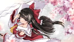  ascot black_hair bow cherry_blossoms detached_sleeves female hair_tubes hairbow hakurei_reimu highres long_hair nontraditional_miko red_bow sarasadou_dan solo touhou upper_body very_long_sleeves yellow_ascot 