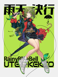  absurdres bad_id bad_pixiv_id bag belt belt_buckle black_shirt black_skirt blue_eyes buckle chinese_text chyoel commentary copyright_name female full_body green_background green_hair green_jacket hair_ribbon highres holding holding_microphone holding_umbrella jacket ketsuko_(rbb) long_sleeves medium_hair microphone navel one_side_up open_mouth photoshop_(medium) rainybluebell red_ribbon ribbon shirt shoelaces shoes simple_background skirt smile sneakers socks solo stomach teeth umbrella white_footwear white_socks 