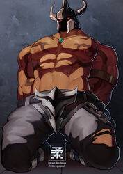  1boy abs absurdres arms_behind_back bara bound bound_arms bulge commission dark-skinned_male dark_skin glowing glowing_eyes green_neckwear grey_pants helmet highres kneeling large_pectorals league_of_legends looking_at_viewer male_focus masa_yawara_(yellow) mordekaiser muscular muscular_male navel navel_hair nipples pants pectorals red_eyes solo thick_thighs thighs topless_male torn_clothes torn_pants 