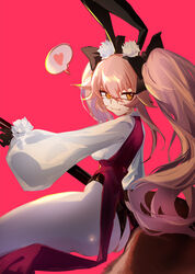  animal_ear_fluff animal_ears ass black_bow black_gloves blush bow breasts coattails collared_shirt corset dress_shirt fate/grand_order fate_(series) female fox_tail glasses gloves gun hair_between_eyes hairbow heart highres koyanskaya_(assassin)_(second_ascension)_(fate) koyanskaya_(fate) large_breasts long_hair long_sleeves looking_at_viewer looking_back pantyhose pink_hair powerless rabbit_ears rifle shirt sidelocks smile sniper_rifle solo spoken_heart tail tamamo_(fate) thighs twintails underbust weapon white_pantyhose white_shirt yellow_eyes 