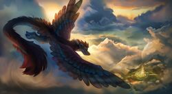  2020 blue_eyes city cloud detailed_background dragon feathered_wings feathers feral flying fur furred_dragon furred_scalie hi_res horn jacato mythological_creature mythological_scalie mythology red_body red_feathers scalie sky solo tail wings 