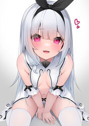  :d absurdres bare_shoulders between_legs black_hairband black_ribbon breasts commentary_request dress female gradient_background grey_background grey_hair hair_between_eyes hair_ribbon hairband hand_between_legs hashiko_nowoto heart highres leaning_forward long_hair looking_at_viewer nei_(hashiko_nowoto) original paid_reward_available panties purple_eyes ribbon sitting small_breasts smile solo thighhighs underwear very_long_hair wariza white_background white_dress white_panties white_thighhighs 