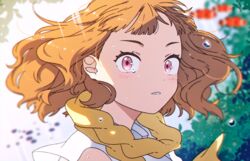  blurry blush commentary eyelashes female fish floating_hair josee_(joseetora) josee_to_tora_to_sakana-tachi korean_commentary lemonmelon00 looking_at_viewer looking_to_the_side medium_hair orange_hair parted_lips pink_eyes portrait scarf solo water_drop yellow_scarf 