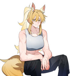  absurdres alternate_costume animal_ears arknights bare_arms bare_shoulders black_pants blonde_hair breasts commentary_request crop_top feet_out_of_frame female grey_sports_bra highres large_breasts large_tail long_hair midriff molu_stranger muscular muscular_female nearl_(arknights) pants ponytail sidelocks simple_background sitting solo sports_bra stomach tail very_long_hair white_background yellow_eyes 