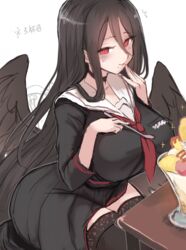  black_hair black_serafuku black_wings blue_archive breasts choker commentary_request eating female hasumi_(blue_archive) huge_breasts long_hair parfait red_eyes sailor_collar school_uniform serafuku simple_background sitting solo thighhighs translated utopia very_long_hair white_background wings 