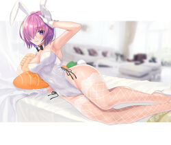  alternate_costume animal_ears bad_id bad_pixiv_id blurry blurry_background blush breasts cleavage commentary_request commission fake_animal_ears fate/grand_order fate_(series) female fishnet_thighhighs fishnets hair_over_one_eye hatsuno_xxx highres leotard looking_at_viewer lying mash_kyrielight medium_breasts on_side one_eye_covered playboy_bunny purple_eyes purple_hair rabbit_ears rabbit_pose rabbit_tail short_hair skeb_commission smile solo strapless strapless_leotard stuffed_carrot stuffed_toy table tail thighhighs white_leotard 