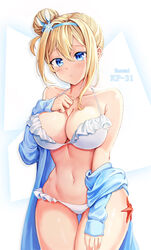  bad_id bad_pixiv_id bare_shoulders bikini blonde_hair blue_eyes breasts cleavage collarbone dano female girls&#039;_frontline groin hair_bun headband large_breasts medium_hair navel official_alternate_costume photoshop_(medium) single_hair_bun solo suomi_(girls&#039;_frontline) suomi_(midsummer_pixie)_(girls&#039;_frontline) swimsuit thigh_gap thighs white_bikini 