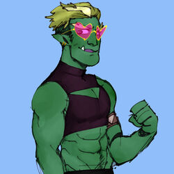  1:1 abs cleavage_cutout clothed clothing crop_top cutout drawfee_(copyright) drawtectives eyewear gleniferskydays green_body green_skin gyorik_rogdul hi_res humanoid male muscular muscular_humanoid muscular_male orc shirt solo sunglasses topwear 