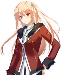  arcelle baldr_(series) baldr_sky blonde_hair blush breasts brown_eyes collared_shirt female frown fur_trim green_ribbons hair_behind_ear hand_on_own_hip highres jacket looking_at_viewer medium_breasts minazuki_sora neck_ribbon red_jacket ribbon shirt solo two_side_up white_background white_shirt 