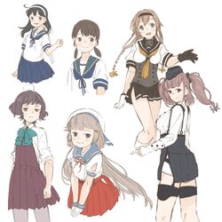  6+girls ahoge anchor_hair_ornament aqua_bow aqua_bowtie atlanta_(kancolle) black_hair black_headband black_headwear black_sailor_collar black_skirt blue_neckerchief blue_sailor_collar blue_skirt blunt_bangs bow bowtie braid breasts brown_eyes brown_hair clothes_writing collared_shirt commentary_request corset cowboy_shot dress dress_shirt earrings garrison_cap garter_straps green_eyes grey_eyes grey_hair grey_legwear hair_ornament hairband halterneck hat headband high-waist_skirt highres hip_vent jewelry kantai_collection kishinami_(kancolle) kokko_(014kko) large_breasts light_brown_hair long_hair long_sleeves looking_at_viewer low_twintails mikura_(kancolle) multiple_girls neckerchief orange_neckerchief pantyhose parted_bangs pleated_dress pleated_skirt propeller_hair_ornament puffy_short_sleeves puffy_sleeves purple_dress red_skirt sailor_collar sailor_hat sailor_shirt school_uniform serafuku shirayuki_(kancolle) shirt short_hair short_sleeves short_twintails simple_background skirt sleeves_rolled_up star_(symbol) star_earrings suspender_skirt suspenders teruzuki_(kancolle) thigh_strap twin_braids twintails two_side_up upper_body ushio_(kancolle) ushio_kai_ni_(kancolle) wavy_hair white_background white_hairband white_headwear white_shirt 